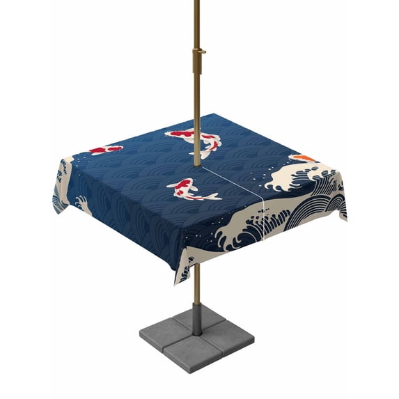 Outdoor Tablecloth with Umbrella Hole and Zipper, Coastal Wave Square Table Cloth 60x60 Inch Waterproof Tablecloth, Japanese Style Ocean Fish Blue Picnic Table Cover for Patio Camping