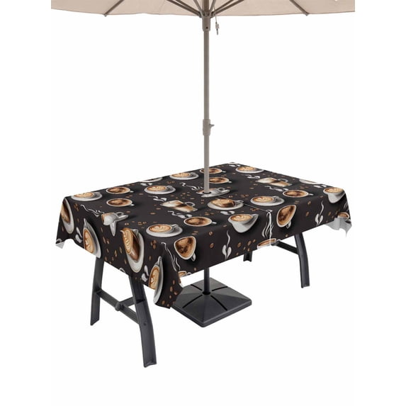 Outdoor Tablecloth with Umbrella Hole and Zipper, Coffee Rectangle Table Cloth 52x70 Inch Waterproof Tablecloth, Hot Cafe Cup Beans Modern Retro Black Picnic Table Cover for Patio Camping