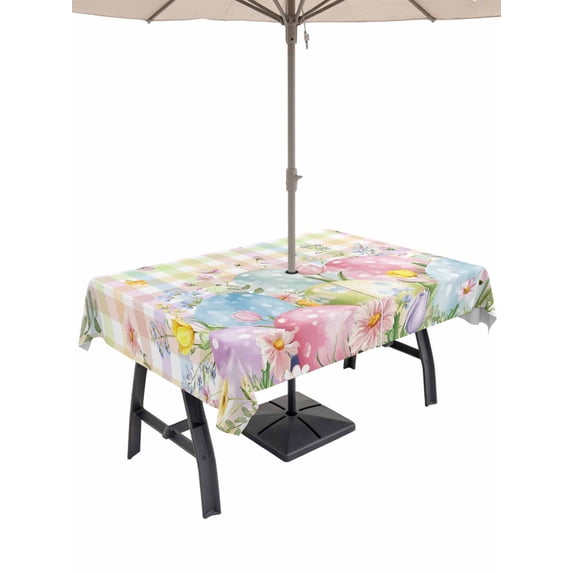 Outdoor Tablecloth with Umbrella Hole and Zipper, Colorful Easter Rectangle Table Cloth 60x102 Inch Waterproof Tablecloth, Easter Eggs Botanical Spring Floral Picnic Table Cover for Patio Camping