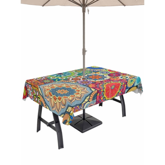 Outdoor Tablecloth with Umbrella Hole and Zipper, Colorful Ethnic Rectangle Table Cloth 54x80 Inch Waterproof Tablecloth, National Modern Geometric Blue Green Picnic Table Cover for Patio Camping