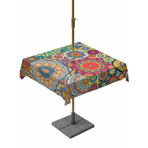 Outdoor Tablecloth with Umbrella Hole and Zipper, Colorful Ethnic Square Table Cloth 54x54 Inch Waterproof Tablecloth, National Modern Geometric Blue Green Picnic Table Cover for Patio Camping