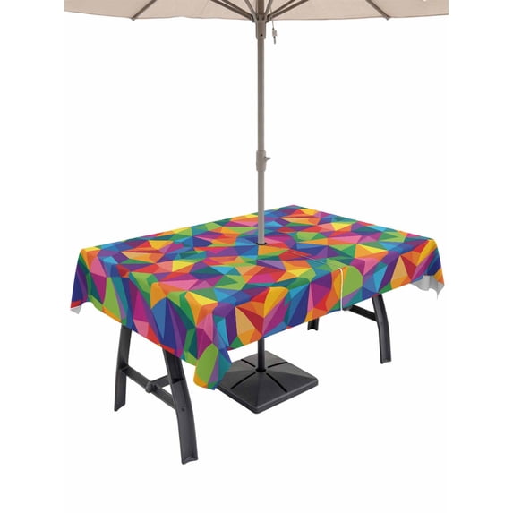 Outdoor Tablecloth with Umbrella Hole and Zipper, Colorful Geometric Rectangle Table Cloth 60x102 Inch Waterproof Tablecloth, Modern Multicolor Abstract Motifs Picnic Table Cover for Patio Camping