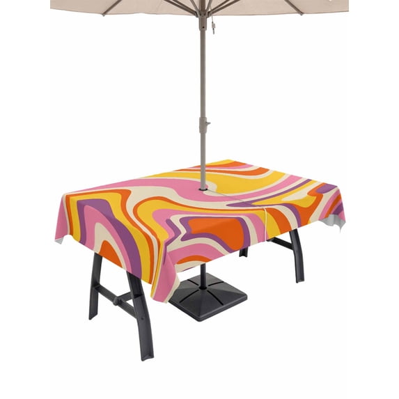 Outdoor Tablecloth with Umbrella Hole and Zipper, Colorful Marble Rectangle Table Cloth 60x84 Inch Waterproof Tablecloth, Modern Funny Rainbow Stripes Art Picnic Table Cover for Patio Camping