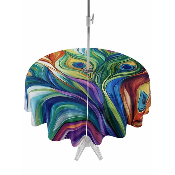 Outdoor Tablecloth with Umbrella Hole Zipper Colorful Peacock Feathers Round Tablecloth 60" Waterproof Outside Table Cloth Oil Painting Abstract Art Patio Table Cover Tablecloths for Picnic Party