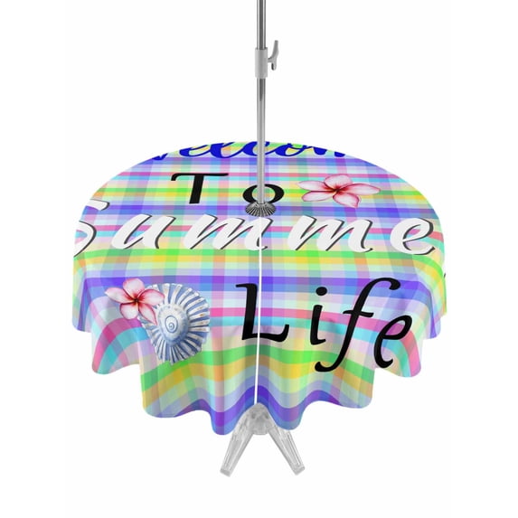 Outdoor Tablecloth with Umbrella Hole Zipper Colorful Plaid Round Tablecloth 54" Waterproof Outside Table Cloth Summer Flowers Shell Country Patio Table Cover Tablecloths for Picnic Party