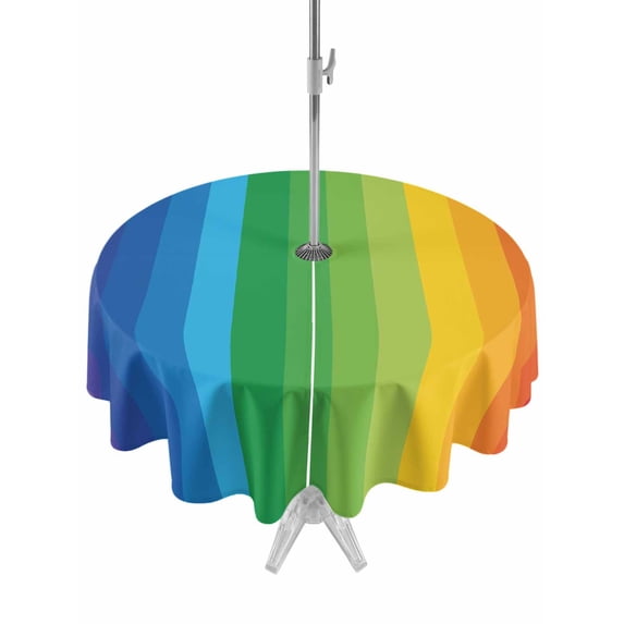Outdoor Tablecloth with Umbrella Hole and Zipper, Colorful Striped Ombre Round Table Cloth 60 Inch Waterproof Tablecloth, Rainbow Stripes Modern Abstract Art Picnic Table Cover for Patio Camping