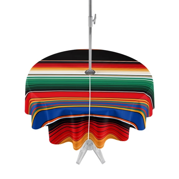 Outdoor Tablecloth with Umbrella Hole and Zipper, Colorful Striped Waterproof Patio Tablecloth for Dining Round 54'', Boho Rainbow Abstract Stripes Art Wipeable Table Cover for Picnic BBQ Party Patio