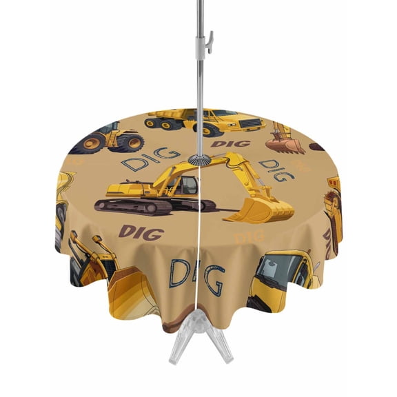 Outdoor Tablecloth with Umbrella Hole and Zipper, Construction Truck Round Table Cloth 60 Inch Waterproof Tablecloth, Cartoon Grips and Bulldozers Turmeric Picnic Table Cover for Patio Camping