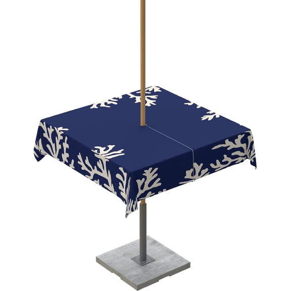 Outdoor Tablecloth with Umbrella Hole and Zipper, Coral Navy Blue Waterproof Table Cloth for Patio/Party/Picnic, Ocean Theme Nautical Coastal Marine Table Cover, 52x52 Inch Rectangle