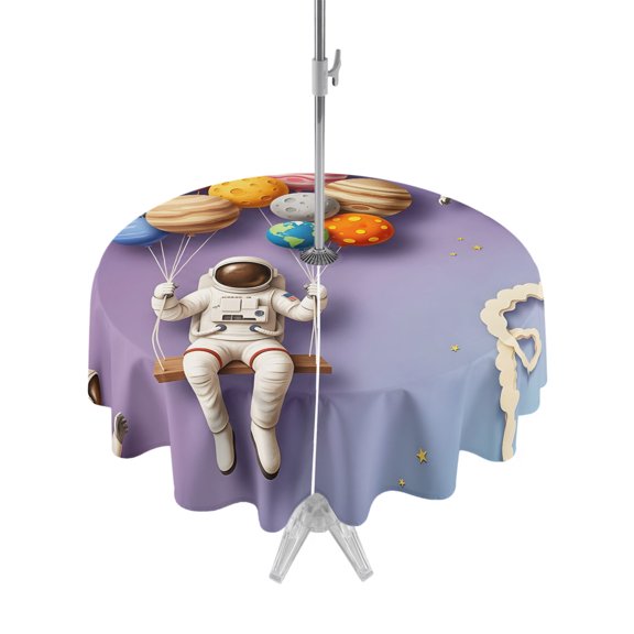 Outdoor Tablecloth with Umbrella Hole Zipper Cosmonaut Balloons Round Tablecloth 54" Waterproof Outside Table Cloth Purple Outer Space Universe Earth Patio Table Cover Tablecloths for Picnic Party