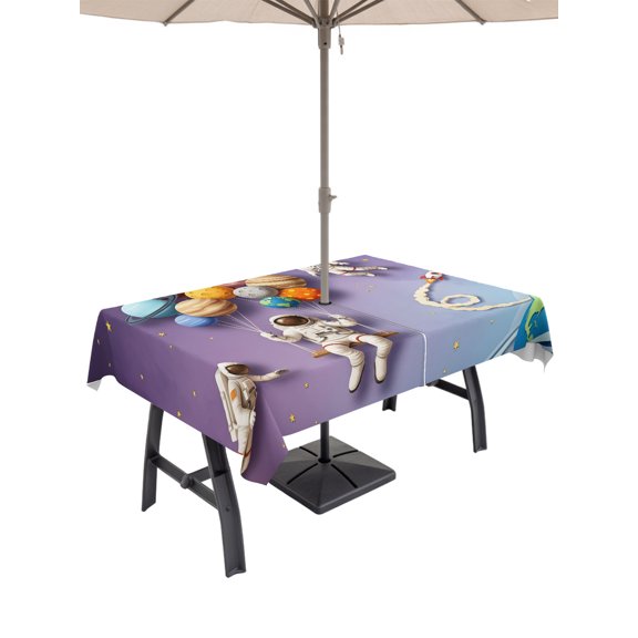 Outdoor Tablecloth with Umbrella Hole and Zipper, Cosmonaut Planet Balloon Space Shuttle Rectangle Waterproof Table Cover 60x84in Washable Table Cloth for Patio Picnic Party Cartoon Outer Space Star