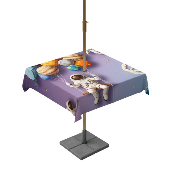 Outdoor Tablecloth with Umbrella Hole and Zipper, Cosmonaut Planet Balloon Space Shuttle Square Waterproof Table Cover 54x54in Washable Table Cloth for Patio Picnic Party Cartoon Outer Space Star