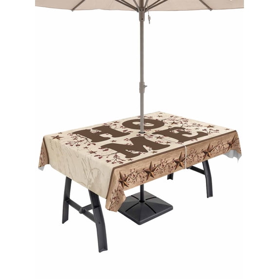Outdoor Tablecloth with Umbrella Hole and Zipper, Country Rectangle Table Cloth 54x80 Inch Waterproof Tablecloth, Texas Star Plants Branches Berry Farmhouse Retro Picnic Table Cover for Patio Camping
