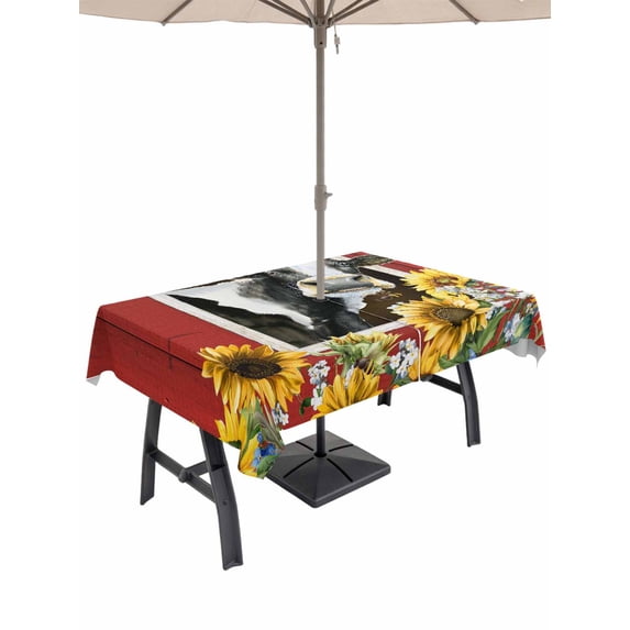 Outdoor Tablecloth with Umbrella Hole and Zipper, Cows Sunflowers Rectangle Table Cloth 52x70 Inch Waterproof Tablecloth, Spring Botanical Floral Bees Red Barn Picnic Table Cover for Patio Camping