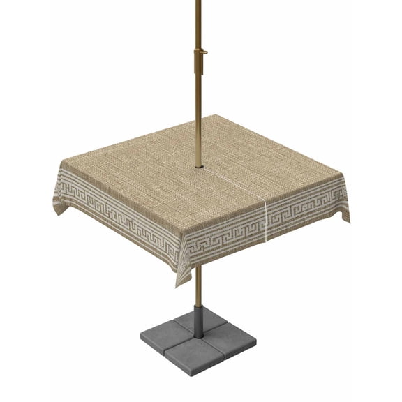 Outdoor Tablecloth with Umbrella Hole and Zipper, Cream Greek Key Square Table Cloth 54x54 Inch Waterproof Tablecloth, Geometric Greece Ancient Rustic Picnic Table Cover for Patio Camping