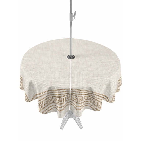 Outdoor Tablecloth with Umbrella Hole and Zipper, Cream Retro Greek Key Waterproof Patio Tablecloth for Dining Round 54'', Geometric Greece Ancient Farmhouse Rustic Table Cover for Picnic BBQ Party