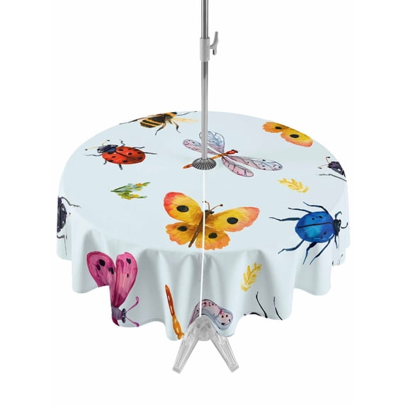 Outdoor Tablecloth with Umbrella Hole and Zipper, Cute Butterfly Dragonfly Round Table Cloth 54 Inch Waterproof Tablecloth, Farmhouse Botanical Floral Blue Picnic Table Cover for Patio Camping