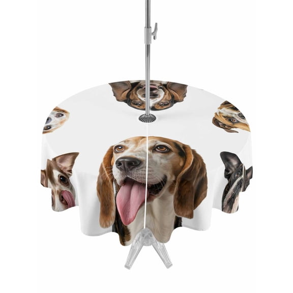 Outdoor Tablecloth with Umbrella Hole and Zipper, Cute Dogs Round Table Cloth 54 Inch Waterproof Tablecloth, Animals Gypsies Bulldog Cattledogs Modern Art Picnic Table Cover for Patio Camping