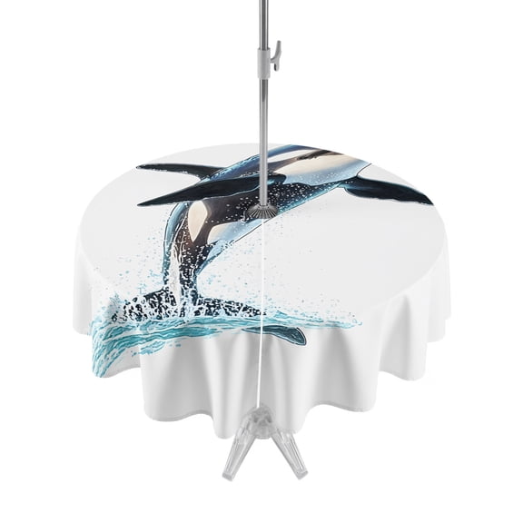 Outdoor Tablecloth with Umbrella Hole and Zipper, Cute Killer Whale Waterproof Patio Tablecloth for Dining Round 54'', Orca Animal Ocean Retro Artwork Wipeable Table Cover for Picnic BBQ Party Patio