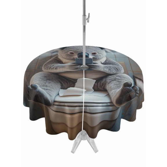 Outdoor Tablecloth with Umbrella Hole and Zipper, Cute Koala Sitting on The Toilet Round Waterproof Table Cover 60in Washable Table Cloth for Patio Picnic Party Funny Animal Looking Phones