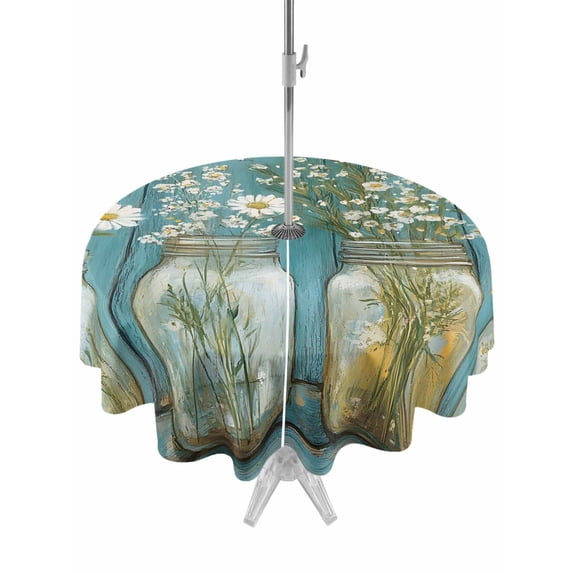 Outdoor Tablecloth with Umbrella Hole Zipper Daisy Flower Round Tablecloth 60" Waterproof Outside Table Cloth Vintage Floral Oil Painting Modern Wood Patio Table Cover Tablecloths for Picnic Party