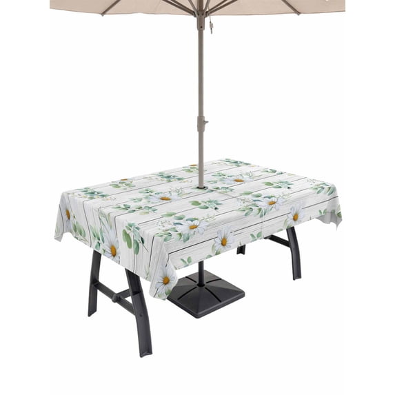 Outdoor Tablecloth with Umbrella Hole and Zipper, Daisy Rectangle Table Cloth 54x80 Inch Waterproof Tablecloth, Spring Floral Eucalyptus Leaves Botanical Gray Wood Picnic Table Cover for Patio