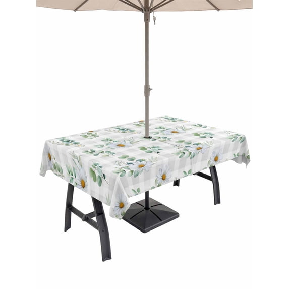 Outdoor Tablecloth with Umbrella Hole and Zipper, Daisy Rectangle Table Cloth 60x102 Inch Waterproof Tablecloth, Spring Eucalyptus Leaves Flowers Botanical Gray Plaid Picnic Table Cover for Patio
