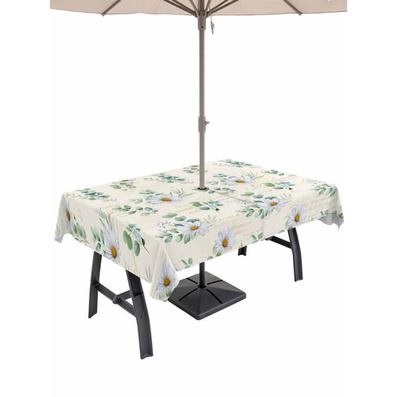 Outdoor Tablecloth with Umbrella Hole and Zipper, Daisy Rectangle Table Cloth 60x120 Inch Waterproof Tablecloth, Spring Floral Eucalyptus Leaves Botanical Beige Picnic Table Cover for Patio Camping