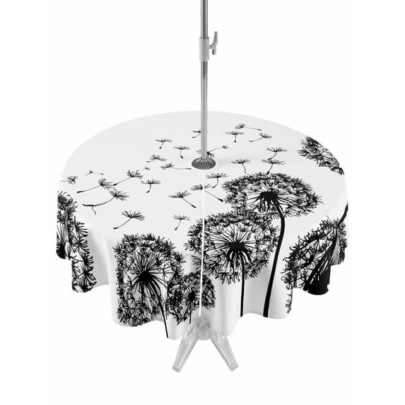 Outdoor Tablecloth with Umbrella Hole and Zipper, Dandelion Round Table Cloth 60 Inch Waterproof Tablecloth, Black White Modern Country Rustic Plants Picnic Table Cover for Patio Camping