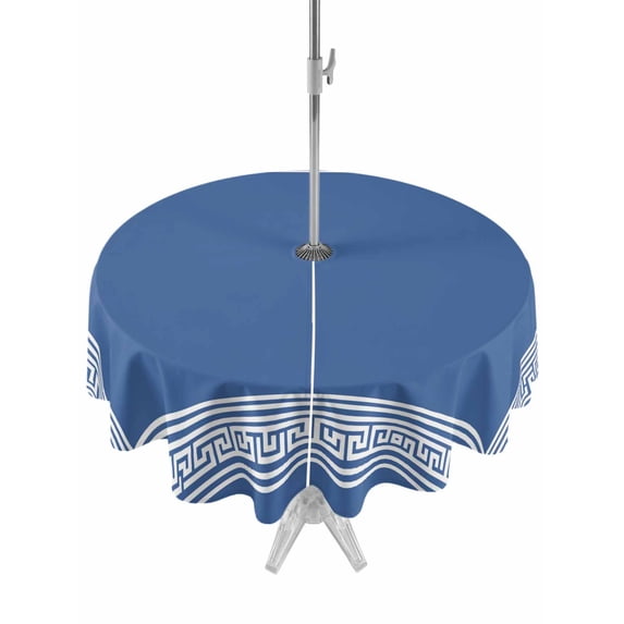 Outdoor Tablecloth with Umbrella Hole Zipper Dark Blue Greek Key Round Tablecloth 60" Waterproof Outside Table Cloth Geometric Greece Ancient Farmhouse Geo Patio Table Cover Tablecloths for Picnic