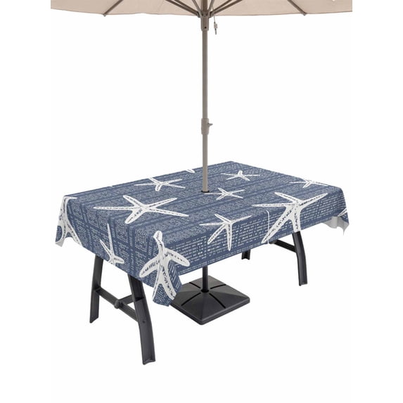 Outdoor Tablecloth with Umbrella Hole & Zipper, Dark Blue Starfish Coastal Rectangle Tablecloth 60x102 Inch, Summer Beach Nautical Sea Ocean Patio Table Cover Waterproof Table Cloth for Picnic/Party