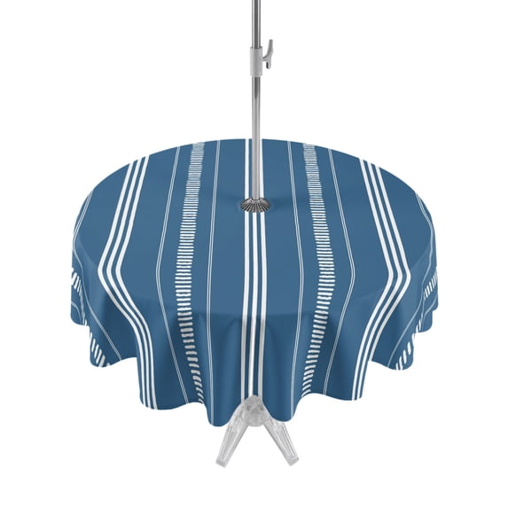Outdoor Tablecloth with Umbrella Hole & Zipper, Dark Blue Stripes Round Tablecloth 54 Inch, Modern Abstract Striped Minimalist Farmhouse Patio Table Cover Waterproof Table Cloth for Picnic/Party