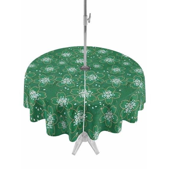 Outdoor Tablecloth with Umbrella Hole Zipper Dark Green Boho Floral Round Tablecloth 60" Waterproof Outside Table Cloth Abstract Art Flowers Botanical Patio Table Cover Tablecloths for Picnic Party