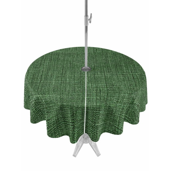 Outdoor Tablecloth with Umbrella Hole Zipper Dark Green Burlap Texture Round Tablecloth 60" Waterproof Outside Table Cloth Farmhouse Vintage Green Patio Table Cover Tablecloths for Picnic Party