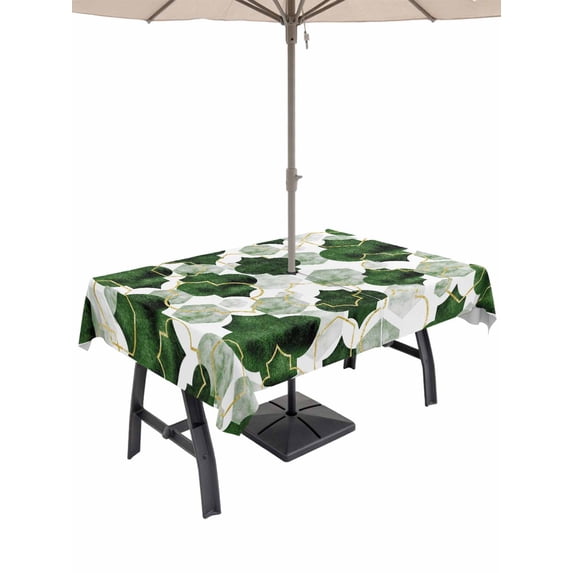 Outdoor Tablecloth with Umbrella Hole and Zipper, Dark Green Geometric Moroccan Rectangle Table Cloth 52x70 Inch Waterproof Tablecloth, Abstract Art Ombre Modern Picnic Table Cover for Patio Camping