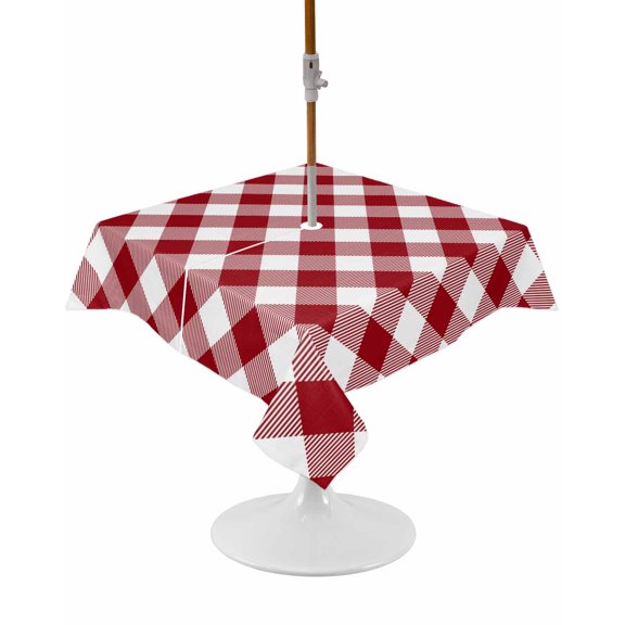 Outdoor Tablecloth with Umbrella Hole and Zipper Dark Red Buffalo Check Plaid Square Tablecloths 54x54 Inch Waterproof Table Cloths Farmhouse Style Patio Table Cover for Picnic BBQS Party