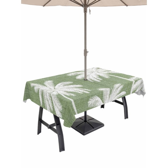 Outdoor Tablecloth with Umbrella Hole & Zipper, Dark Sage Green Palm Tree Rectangle Tablecloth 60x84 Inch, Summer Botancial Tropical Farmhouse Patio Table Cover Waterproof Table Cloth for Picnic
