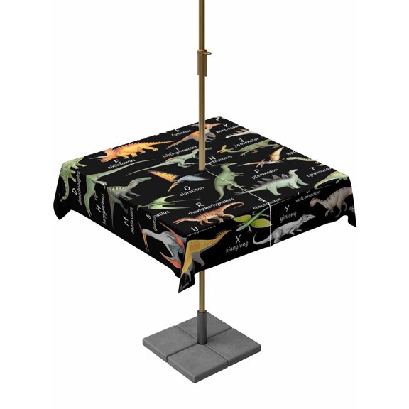 Outdoor Tablecloth with Umbrella Hole and Zipper, Dinosaur Family Rectangle Waterproof Table Cover Retro Hand-drawn Dinosaur Names Letters Black Table Cloth for Patio Picnic Camping, 54x54 Inch