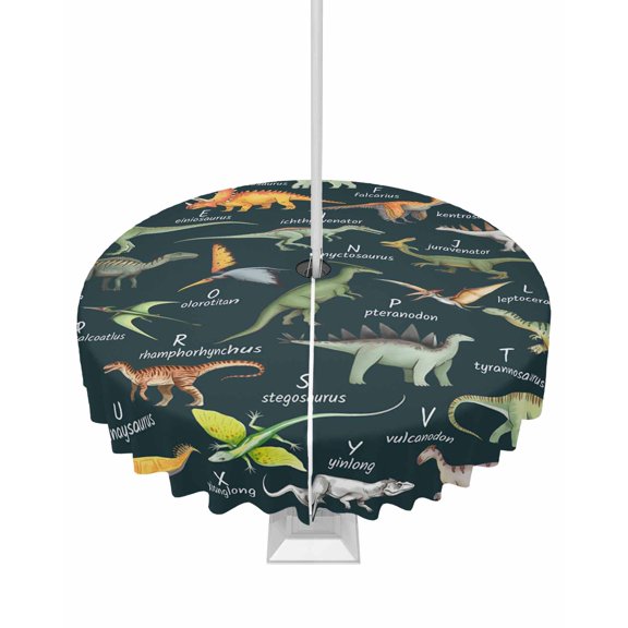 Outdoor Tablecloth with Umbrella Hole and Zipper Dinosaur Family Round Tablecloths 60 Inch Waterproof Learning Alphabet A to Z Name Green Patio Table Cover for Outdoor Tables Picnic BBQS Party Decor