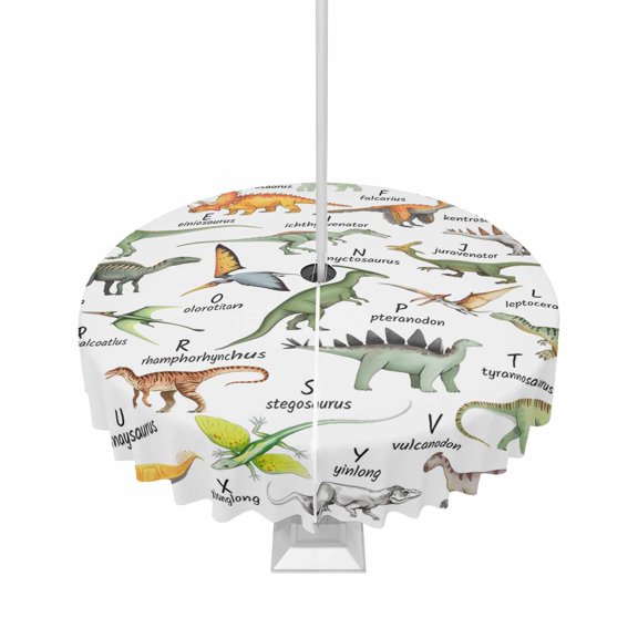 Outdoor Tablecloth with Umbrella Hole and Zipper Dinosaur Family Round Tablecloths 60 Inch Waterproof Learning Alphabet A to Z Name Patio Table Cover for Outdoor Tables Picnic BBQS Party Decor