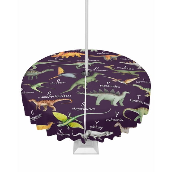 Outdoor Tablecloth with Umbrella Hole and Zipper Dinosaur Family Round Tablecloths 60 Inch Waterproof Learning Alphabet A to Z Name Purple Patio Table Cover for Outdoor Tables Picnic BBQS Party
