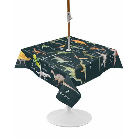 Outdoor Tablecloth with Umbrella Hole and Zipper Dinosaur Family Square Tablecloths 54x54 Inch Waterproof Table Cloths Learning Alphabet A to Z Name Green Patio Table Cover for Picnic BBQS Party