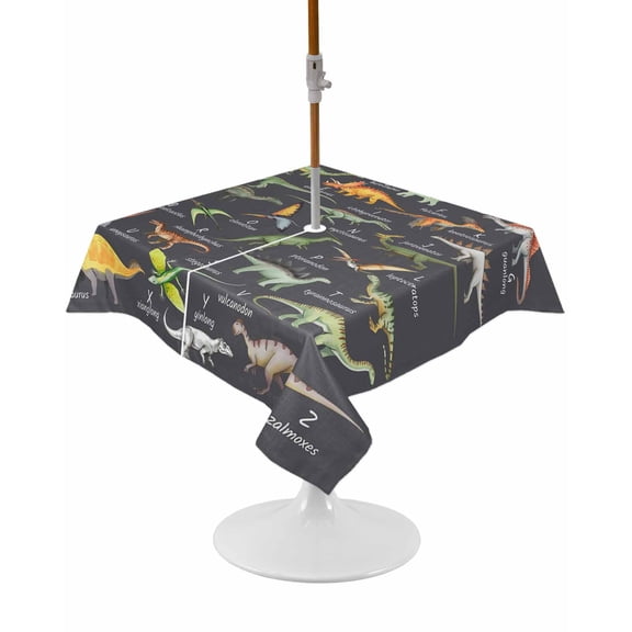 Outdoor Tablecloth with Umbrella Hole and Zipper Dinosaur Family Square Tablecloths 54x54 Inch Waterproof Table Cloths Learning Alphabet A to Z Name Grey Patio Table Cover for Picnic BBQS Party