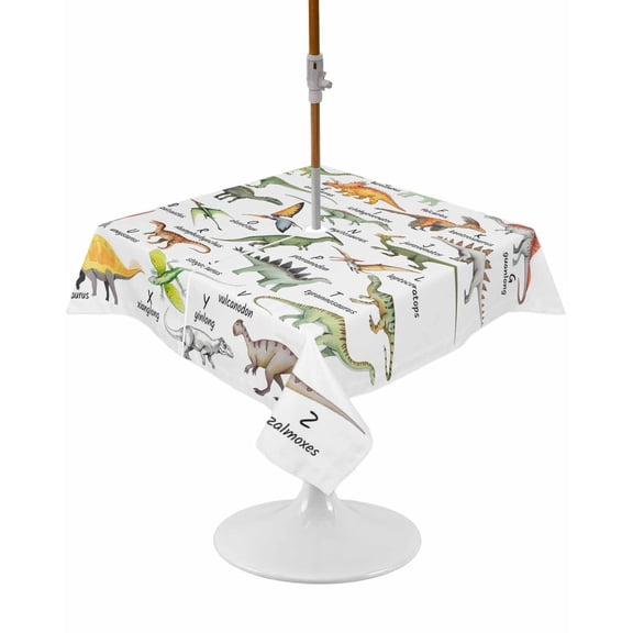 Outdoor Tablecloth with Umbrella Hole and Zipper Dinosaur Family Square Tablecloths 54x54 Inch Waterproof Table Cloths Learning Alphabet A to Z Name Patio Table Cover for Picnic BBQS Party