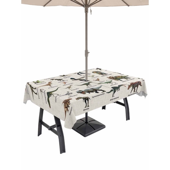 Outdoor Tablecloth with Umbrella Hole and Zipper, Dinosaurs Rectangle Table Cloth 60x102 Inch Waterproof Tablecloth, Natural Primitive Wild Animals Beige Picnic Table Cover for Patio Camping