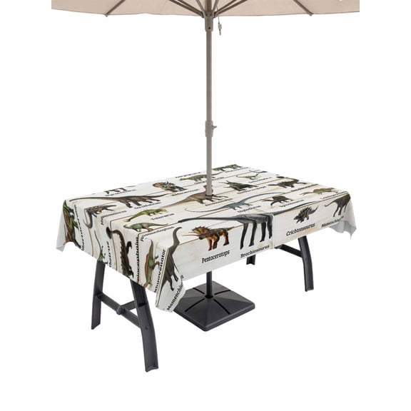 Outdoor Tablecloth with Umbrella Hole and Zipper, Dinosaurs Rectangle Table Cloth 60x84 Inch Waterproof Tablecloth, Natural Primitive Wild Animals Wood Grain Picnic Table Cover for Patio Camping