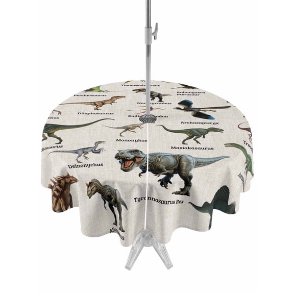Outdoor Tablecloth with Umbrella Hole and Zipper, Dinosaurs Round Table Cloth 54 Inch Waterproof Tablecloth, Natural Primitive Wild Animals Beige Picnic Table Cover for Patio Camping
