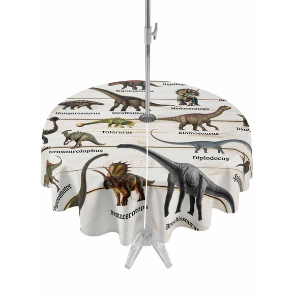 Outdoor Tablecloth with Umbrella Hole and Zipper, Dinosaurs Round Table Cloth 54 Inch Waterproof Tablecloth, Natural Primitive Wild Animals Wood Grain Picnic Table Cover for Patio Camping