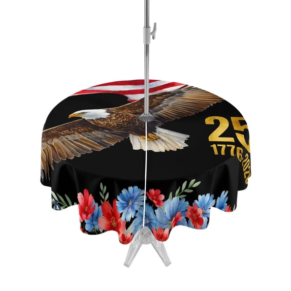 Outdoor Tablecloth with Umbrella Hole Zipper Eagle 4th of July Round Tablecloth 60" Waterproof Outside Table Cloth Independence Day USA Flag Blue Red Patio Table Cover Tablecloths for Picnic Party