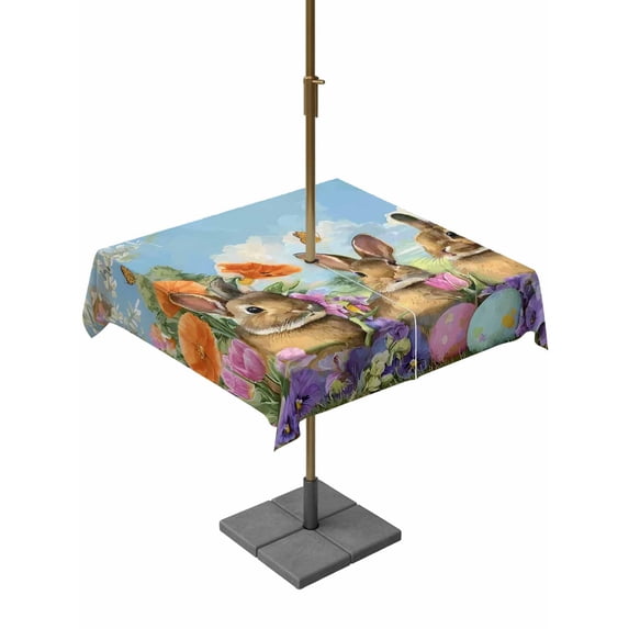 Outdoor Tablecloth with Umbrella Hole and Zipper, Easter Bunnies Square Table Cloth 54x54 Inch Waterproof Tablecloth, Spring Easter Eggs Garden Floral Picnic Table Cover for Patio Camping